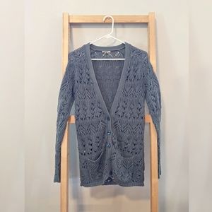 Caslon Crocheted Button Up Cardigan in Slate Blue